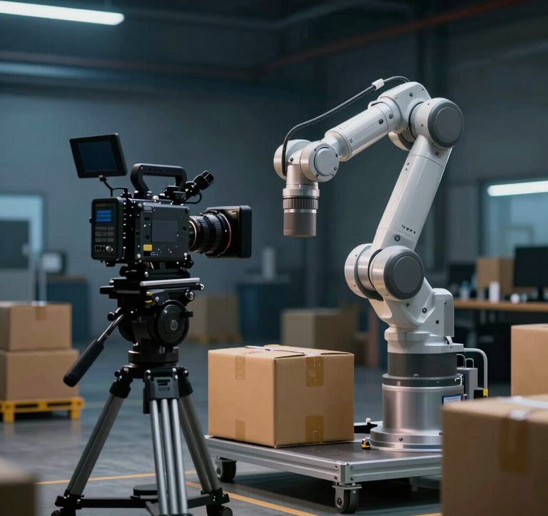 A professional video production setup on a logistics floor. A high-end cinema camera on a gimbal focuses on a smart robotic arm sorting parcels. Dark industrial background with hints of blue industrial lighting.