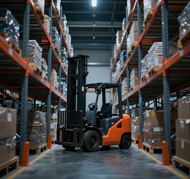 A dark, futuristic warehouse aisle with rows of orange racking. A robotic forklift is moving down the center. Deep blue industrial light contrasts with the warm orange rack frames. Minimalist and premium look.