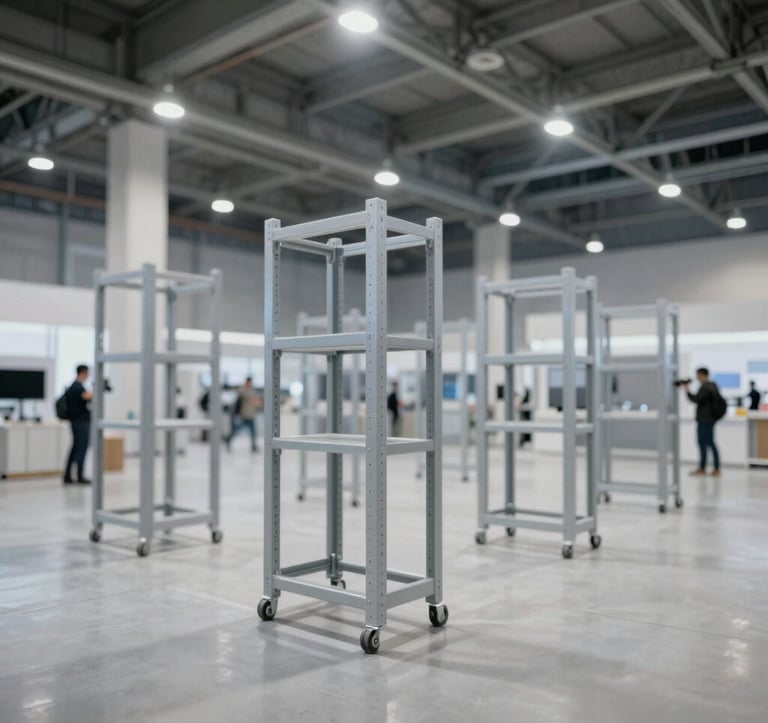 A high-resolution, wide-angle photo of a clean, premium exhibition hall. Rows of modern industrial racking systems are displayed under bright spotlights. Professional photographers are visible in the distance capturing the industrial architecture.