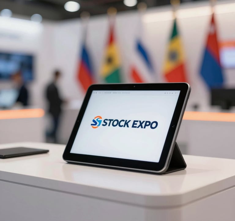 Close-up of a high-tech communication desk at a trade fair. A tablet showing the STOCK EXPO logo is visible. Soft orange highlights from industrial lighting. Professional, clean, and media-ready atmosphere. Background includes blurry international flags.