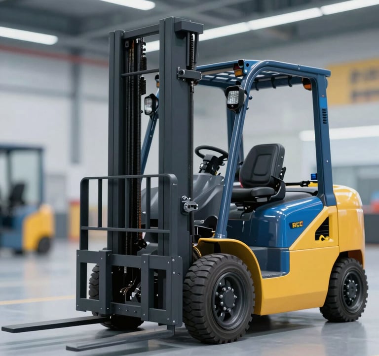 Close-up of a high-tech electric forklift in a modern facility, showcasing industrial design and clean lines. The lighting is cinematic, highlighting the mechanical precision. Incorporates #0077B6 and #FF8E3C branding colors in the environment.