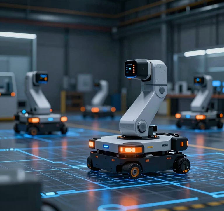 Warehouse robots and automated guided vehicles (AGVs) operating on a digital grid floor. Dark industrial background with vibrant orange and blue sensors glowing, depicting Industry 4.0 automation.