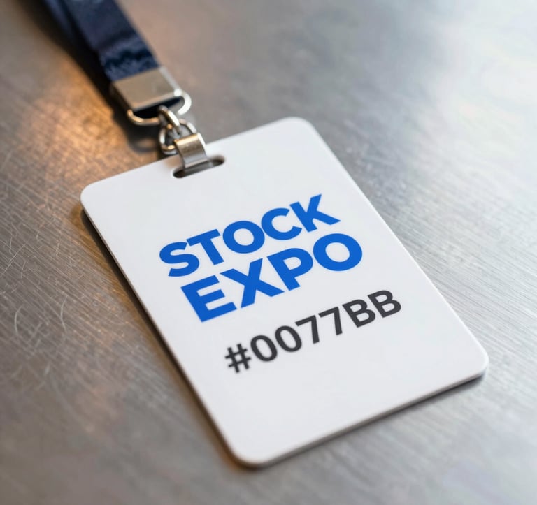 Close up of a professional media press pass on a dark lanyard, featuring the STOCK EXPO logo in #0077B6 blue, resting on a brushed metal surface with orange lighting reflections.