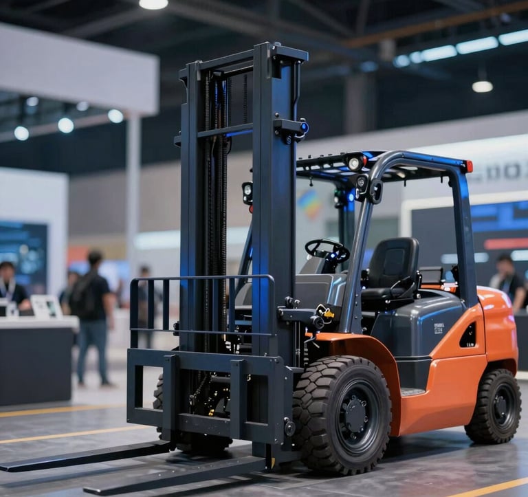 Heavy-duty industrial lifting equipment and forklifts in a dark, sophisticated exhibition setting. Blue accent lighting highlights the precision engineering and futuristic design of the machinery.