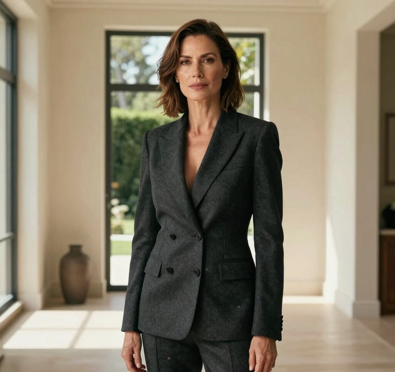 A professional portrait of Elena Vance, a woman in her 40s with a look of sophisticated confidence. She is wearing a dark charcoal blazer and standing in a sun-drenched, high-ceilinged foyer with creamy off-white walls and a glimpse of a curated garden through a large window behind her.