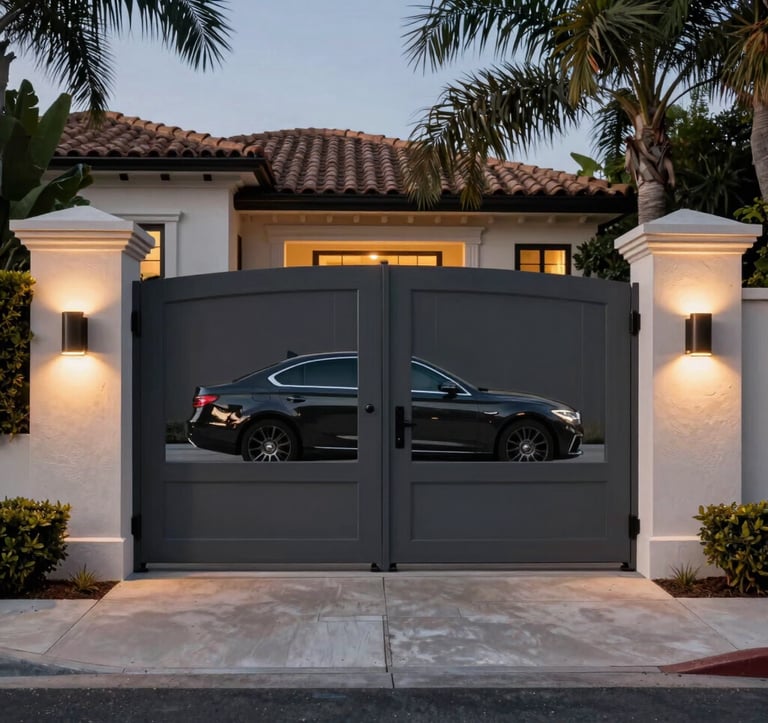 An evening shot of a private, gated entrance to a Beverly Hills estate. The gates are a sophisticated charcoal color, illuminated by soft warm sand lighting. A high-end luxury vehicle is partially visible, reflecting the exclusive and aspirational ambiance of the neighborhood.