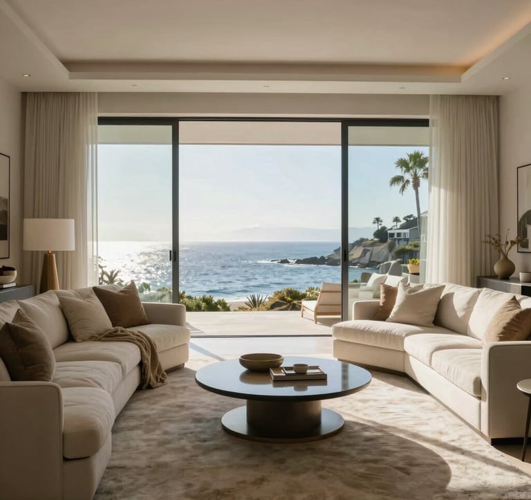 High-end photography of a coastal living room in Laguna Beach, featuring floor-to-ceiling windows overlooking the water. The interior is decorated in soft off-white and sandy beige tones, with luxury furniture and high-quality textures.