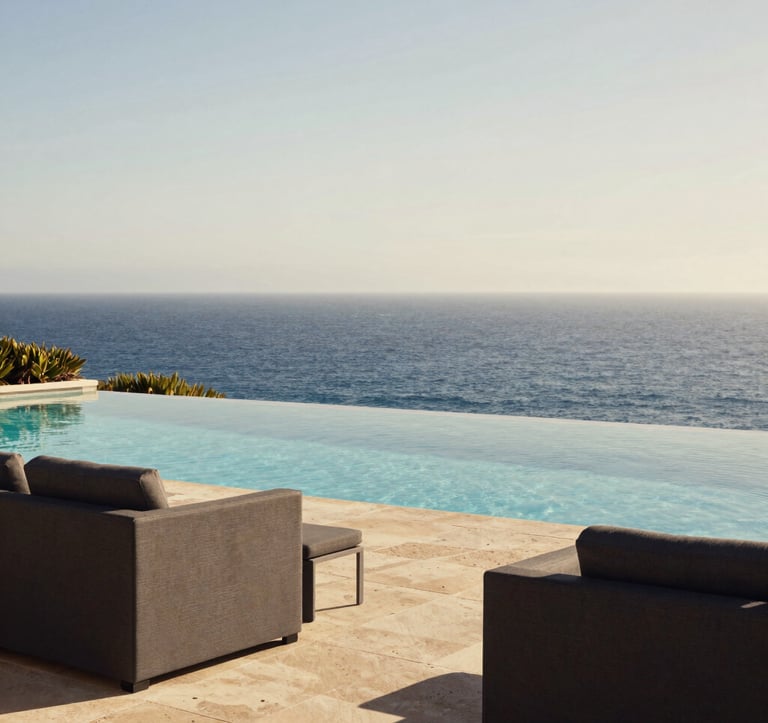 A close-up of a high-end outdoor terrace in Laguna Beach. Features include charcoal-colored designer furniture, warm sand stone flooring, and a crystal-clear infinity pool that merges with the horizon of the deep blue Pacific Ocean under a soft off-white sky.