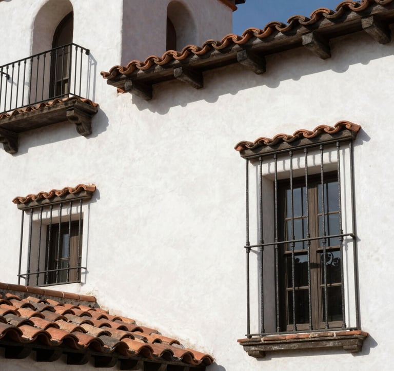 A close-up shot of architectural details on a Spanish Colonial Revival estate in Santa Barbara. The white stucco walls, terracotta tiles, and dark charcoal wrought iron accents are captured in bright, natural California sunlight.