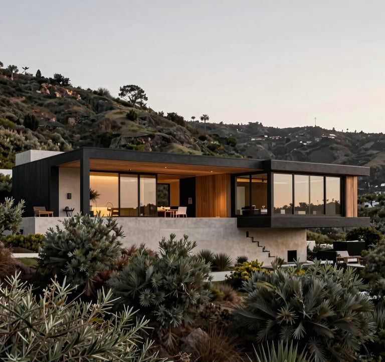 A professional architectural photograph of a luxury canyon home in Los Angeles. The building features charcoal steel beams and warm sand wood accents, nestled into a lush hillside with muted olive foliage and a soft off-white morning sky.