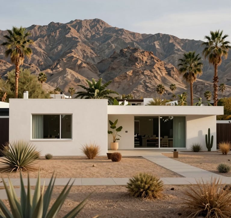 A stunning mid-century modern home in Palm Springs, showcasing sleek lines and soft off-white exterior walls. The property is surrounded by desert landscaping with warm sand gravel and native flora, set against the backdrop of muted olive-toned mountains.