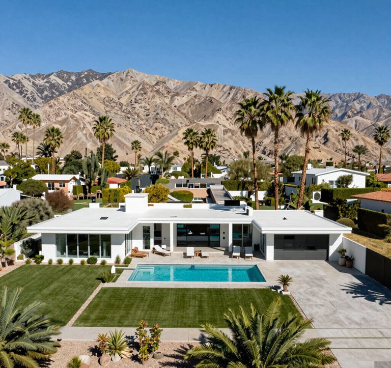 An aerial view of a mid-century modern luxury estate in Palm Springs with a turquoise pool and lush green landscaping against a backdrop of sandy beige mountains and a clear blue sky.