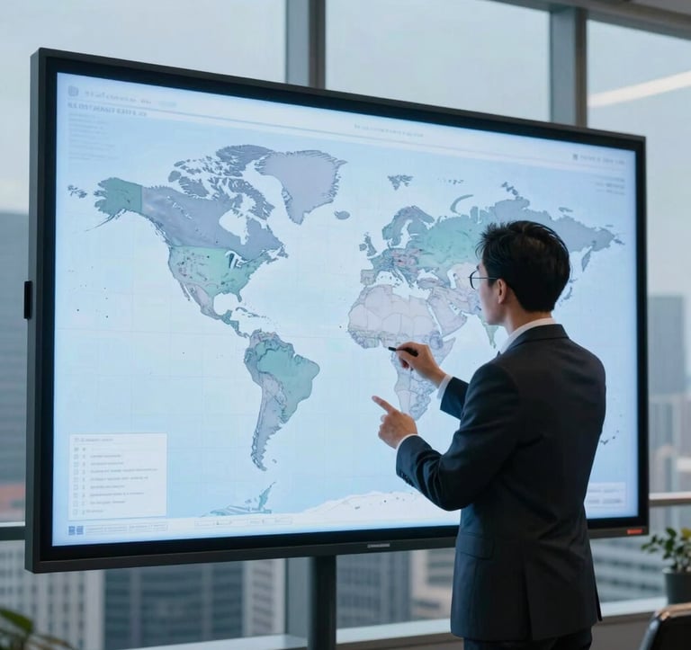 A professional setting in a high-rise office. A consultant is reviewing a map of the world on a large digital screen. The background is a crisp skyline in shades of Muted Blue. The composition conveys power and global reach. Global / Sophisticated Traveler.