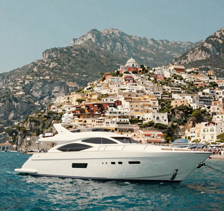 A luxury motor yacht anchored in the turquoise waters of the Amalfi Coast, with the colorful hillside village of Positano in the background. The lighting is bright and airy, capturing a sense of high-end travel for a Global Sophisticated Traveler. Palette colors of soft sky blue and off white are prominent.