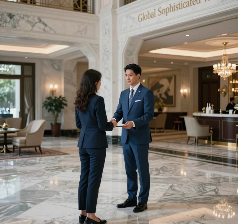 The elegant lobby of a five-star grand hotel with marble floors, high ceilings, and a professional concierge in a sharp suit assisting a guest. The setting is opulent yet understated, using a palette of slate blue and pale grey. A sense of unwavering trust and luxury for the Global Sophisticated Traveler.