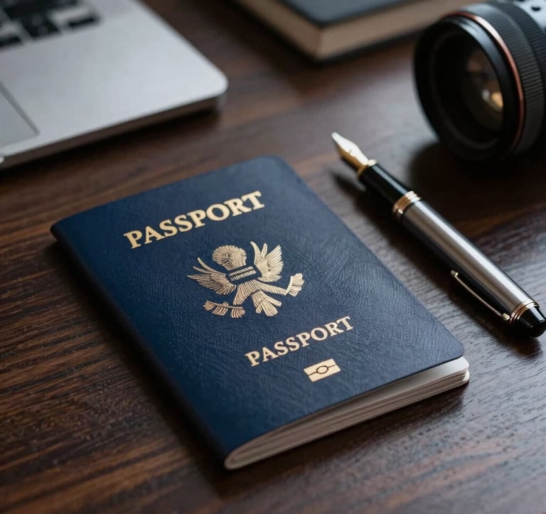 Close up of a luxury passport holder and a fountain pen on a dark wood desk in a high-end office. The lighting is professional and moody, with shades of deep blue and silver accents. Global / Sophisticated Traveler vibes.