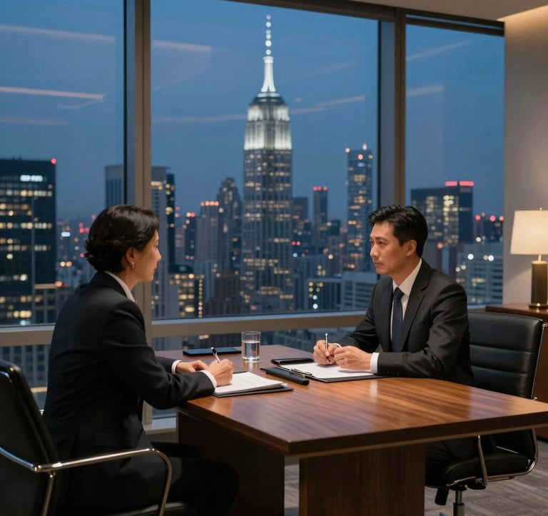 A high-end law office or consultation room in a skyscraper overlooking a global metropolis at dusk. A professional meeting is taking place between two people in business attire. The light is focused and warm on the table, while the background is a cool dark blue of the evening city sky. Global Sophisticated Traveler aesthetic.