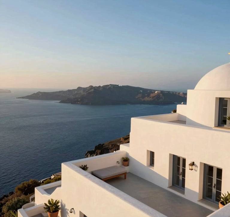 A wide-angle shot of a serene, luxury villa overlooking the Mediterranean coast at golden hour. Soft off-white architecture contrasts with the deep blue sea. A Global / Sophisticated Traveler is visible on a terrace.