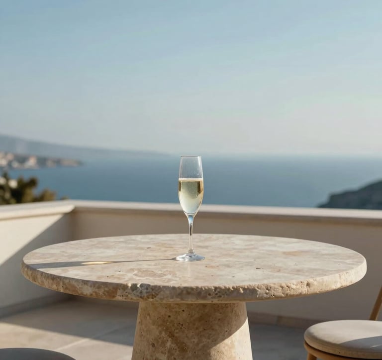 A premium photography shot of a minimalist, luxury terrace overlooking a Mediterranean coastline. A single glass of champagne sits on a stone table under the soft Light Blue of a clear sky. The setting is tranquil and exclusive. Global / Sophisticated Traveler.