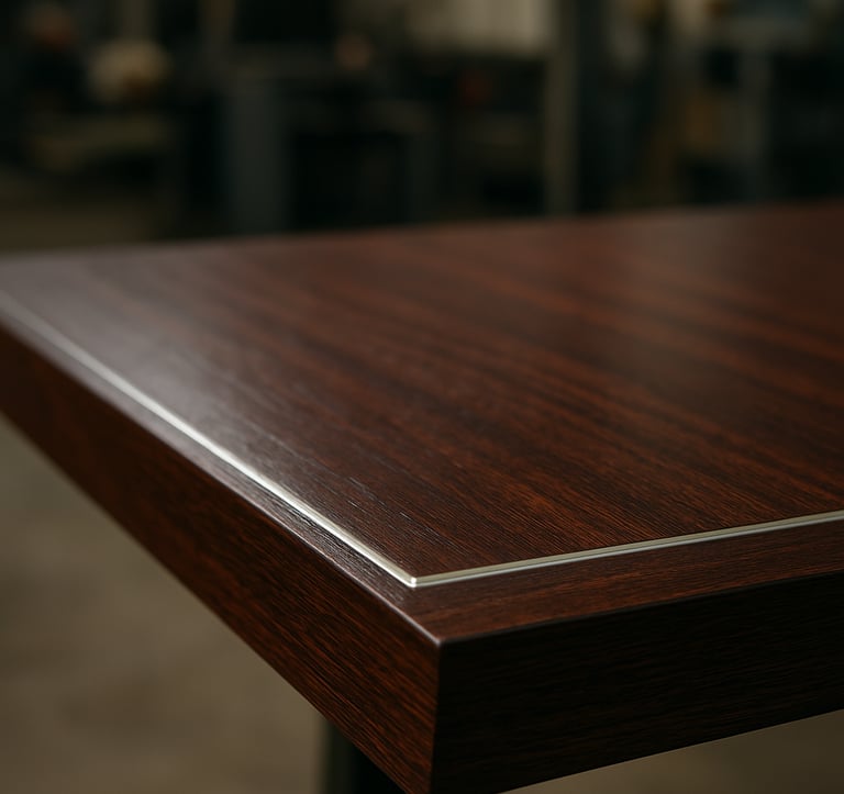 Macro photography showing the precision craftsmanship of a dark mahogany office table surface. The shot captures the elegant grain of the wood and a polished metal inlay, set in a professional South Asian / Indian manufacturing studio with blurred industrial machinery in the background.