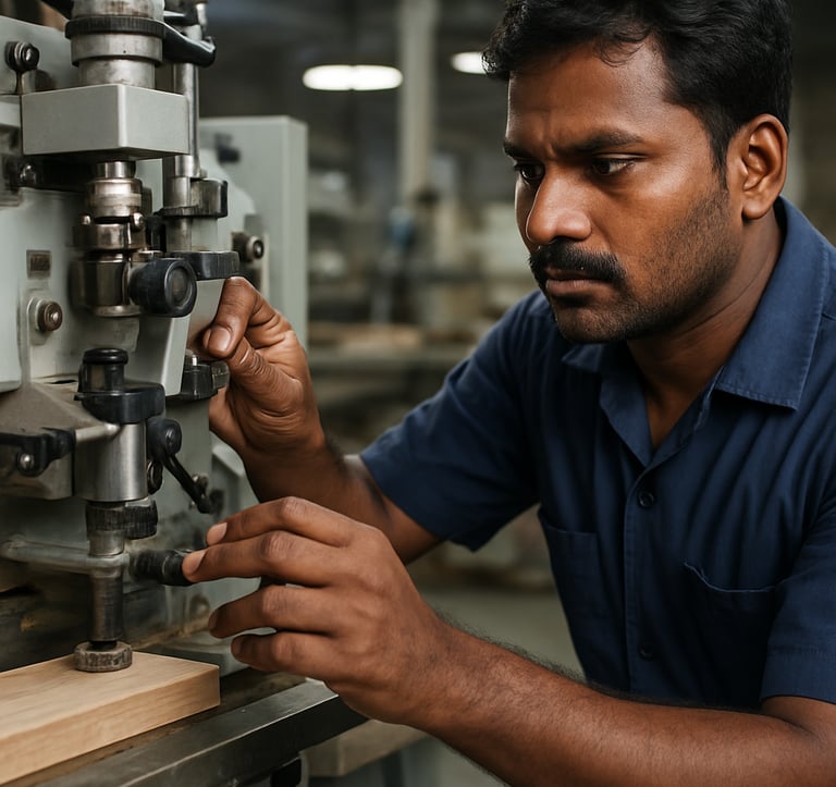 Close-up photography of precision woodworking machinery inside a factory in Pune. A South Asian / Indian technician is adjusting the settings. The lighting is crisp and clear, showing the industrial yet sophisticated manufacturing process.