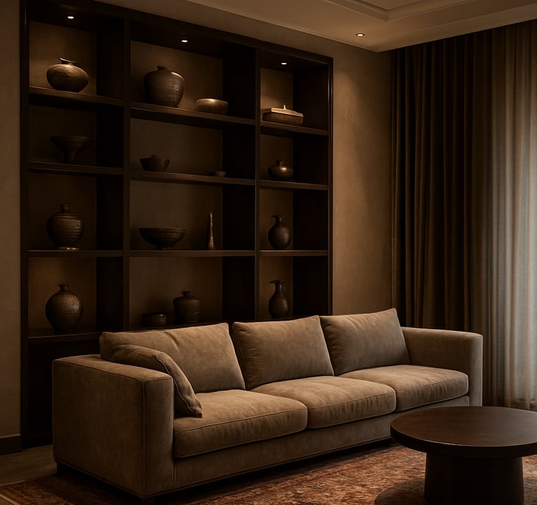 An elegant, modern living room interior in a luxury South Asian / Indian home, featuring a custom-built floor-to-ceiling shelving unit and a sophisticated plush sofa. The lighting is warm and atmospheric, highlighting the refined textures of the space.