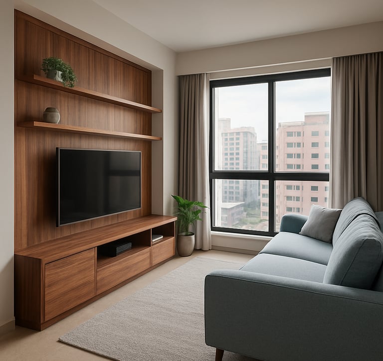 A professionally staged modern residential living room in a South Asian urban apartment. The space features a custom-built entertainment unit and a minimalist sofa in light blue and grey tones, showcasing a blend of functional beauty and elegant interior design.