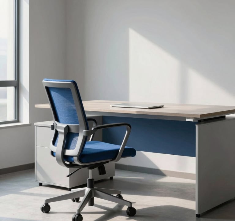 A sophisticated modern office space in India, featuring a sleek steel blue ergonomic chair and a minimalist light gray blue desk, natural lighting, professional and inspiring atmosphere, photography.