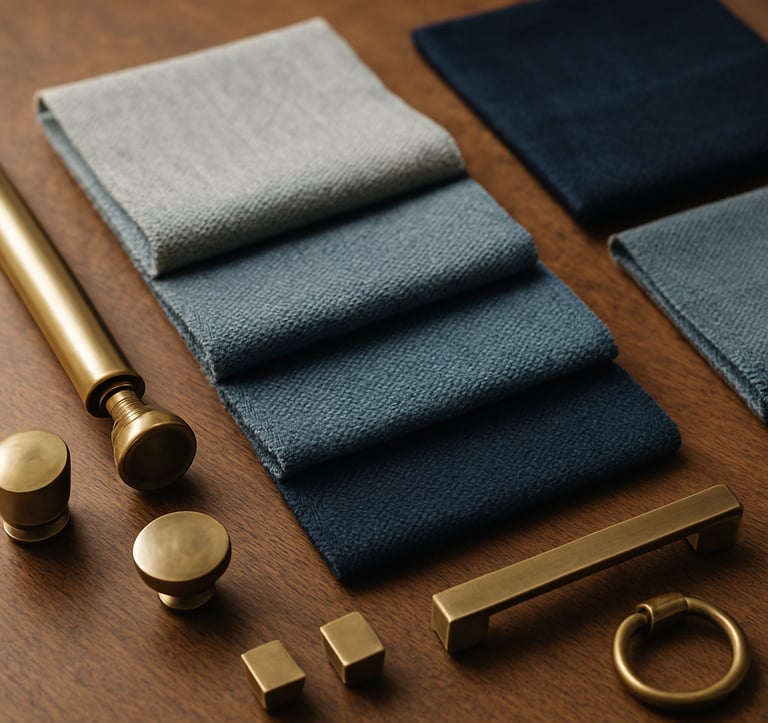 A collection of high-quality upholstery samples and premium hardware components arranged neatly on a designer's table. The textures include rich fabrics in light gray blue and dark navy, representing the material philosophy of a South Asian / Indian interior design firm.