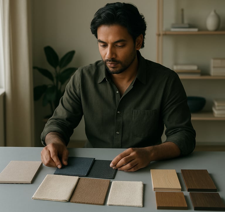 A photography shot of an interior design studio. A professional South Asian / Indian designer is examining fabric swatches and wood samples on a light blue-grey table. The mood is focused and inspiring, emphasizing a refined aesthetic.