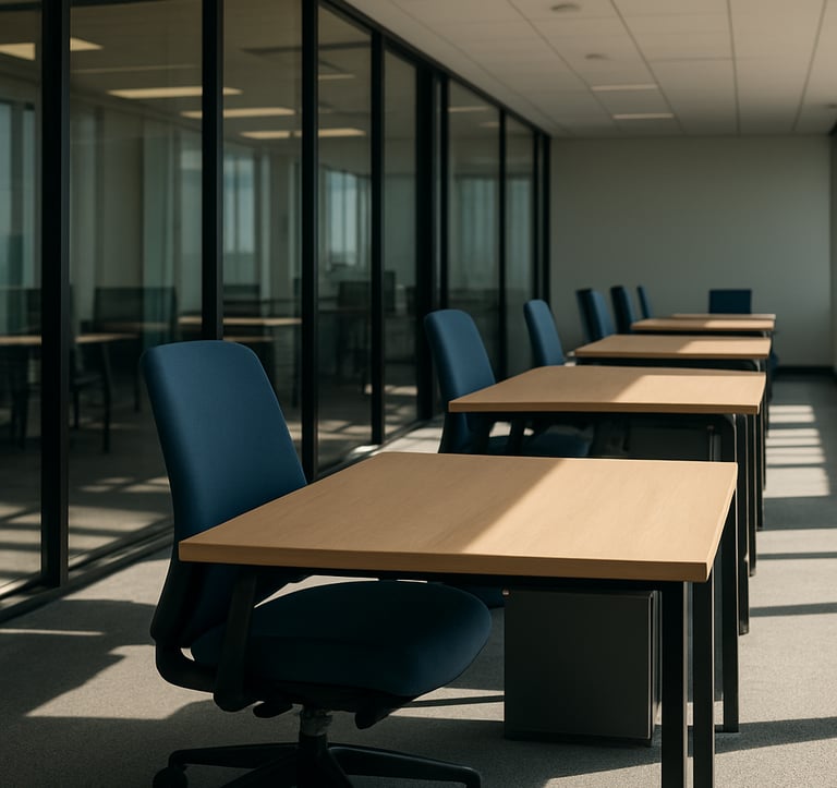 Clean photography of a modern Indian corporate office layout. Ergonomic medium blue chairs are tucked into sleek desks, with natural sunlight streaming through large glass partitions. The mood is professional, sophisticated, and calm.