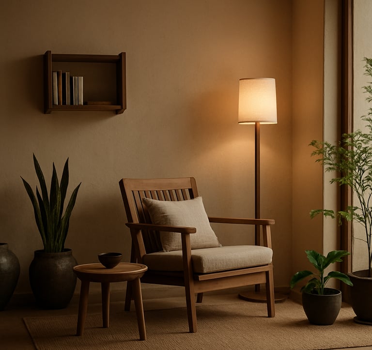 A serene, modern Zen-inspired home interior in South Asia, featuring minimal wooden furniture, a cozy reading nook, indoor plants, soft warm lighting, calm and refined elegance, photography.