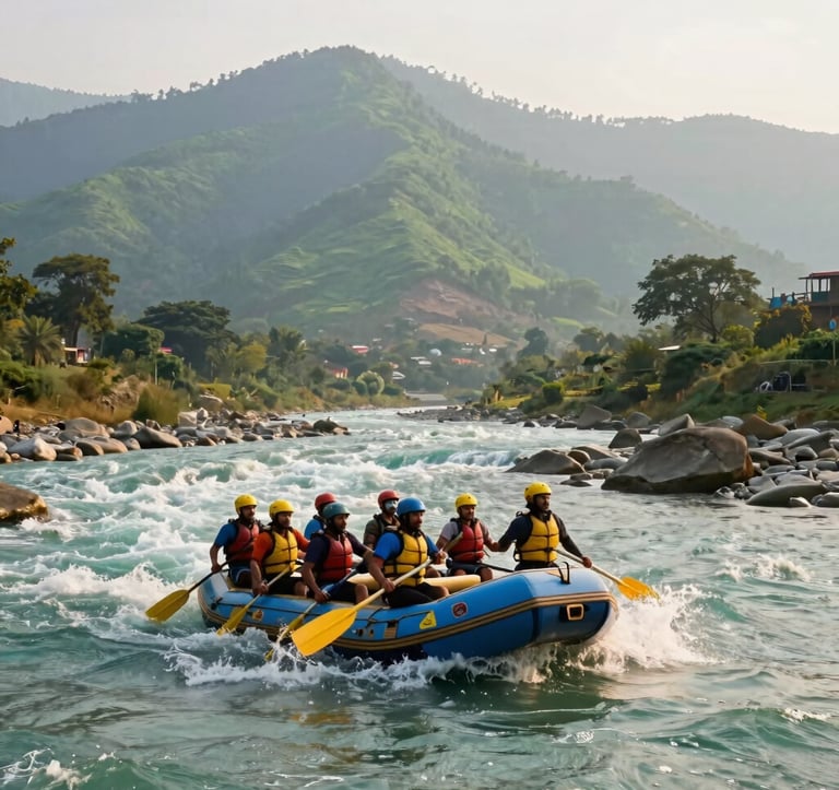An action-filled, high-quality photograph of tourists white-water rafting on the turquoise waters of the Ganga River in Rishikesh. The raft is negotiating a gentle rapid with dramatic green mountains in the background under bright, golden afternoon light. South Asian settings, lively and adventurous mood, photorealistic.