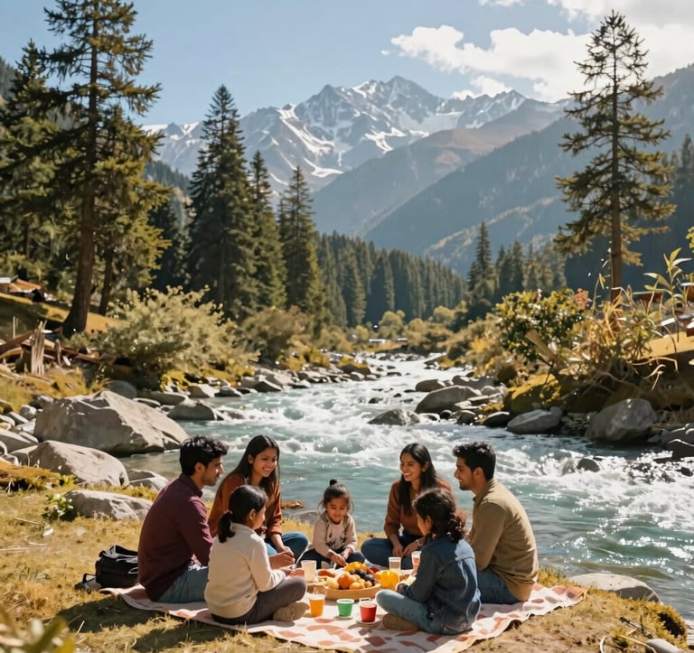 A professional photograph of a happy South Asian family enjoying a scenic picnic by a crystalline river in a valley near Manali. Pine forests and tall mountains under a bright, sunny blue sky. Rich gold sunlight, soft natural colors including forest greens, steel blue water, and warm earthy tones. Genuine smiles, lifestyle shot.