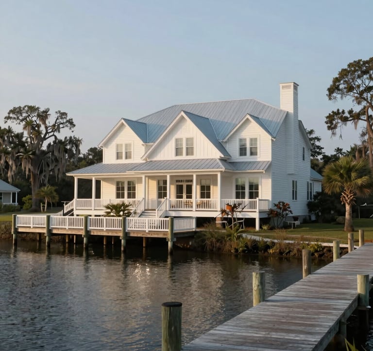 A serene coastal property in the North American / Southern US region. A beautiful Lowcountry-style home with large windows and a tin roof, sitting beside a calm waterway. A private wooden dock extends into the water. The scene is illuminated by the soft morning light, featuring Pale Mist White and Muted Slate Blue tones in the environment.