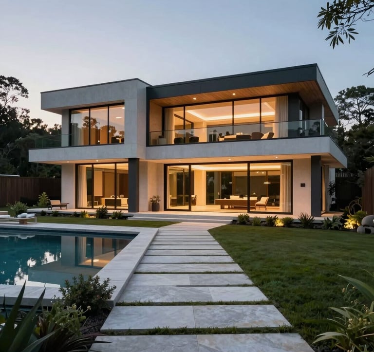 A sleek, contemporary luxury home in the North American / Southern US at twilight. The structure features clean lines, expansive glass walls, and warm internal lighting. A manicured garden with pale mist colored stone paths surrounds a minimalist pool area.