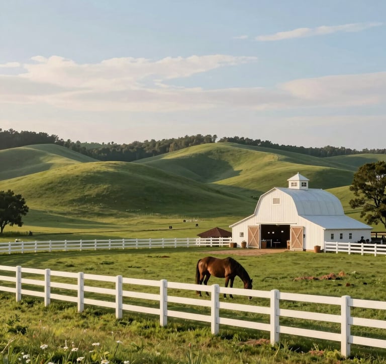 A lush equestrian estate in the North American / Southern US. Rolling green hills meet a soft powder blue sky. A white wooden fence borders a paddock where a horse grazes near a classic barn. The style is elegant and inviting with natural morning lighting.