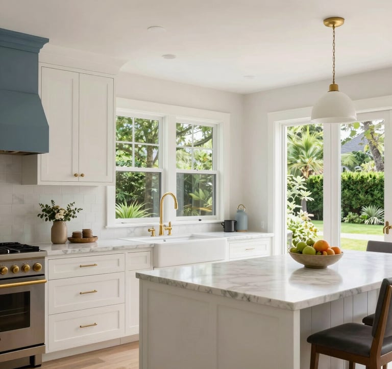 A high-end, modern North American / Southern US kitchen and dining area. It features marble countertops, custom white cabinetry, and soft brass fixtures. Large windows show a lush green garden outside. The atmosphere is bright and airy, utilizing Pale Mist White and Soft Steel Blue color accents.