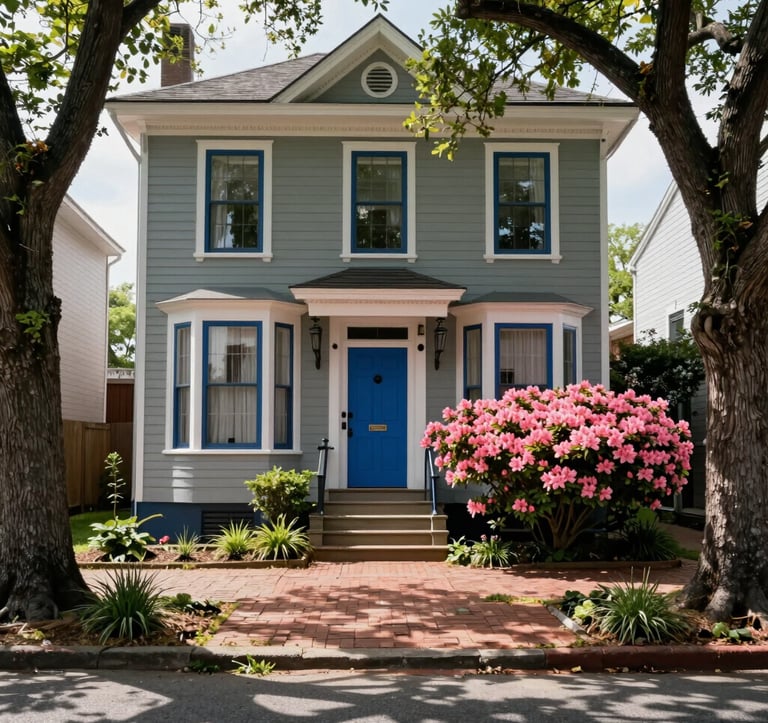 A charming historic residential street in the North American / Southern US. The scene features a perfectly restored Victorian home with a deep ocean blue front door and flowering pink azaleas. Dappled sunlight filters through grand trees onto a brick sidewalk.