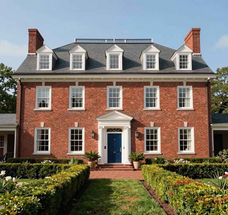 A stately red-brick colonial manor house in a North American / Southern US setting. The house features a symmetrical facade with white trim and a grand entrance. The garden is perfectly manicured with boxwood hedges. Captured in clear, bright daylight with a Deep Navy Blue door as a focus point.