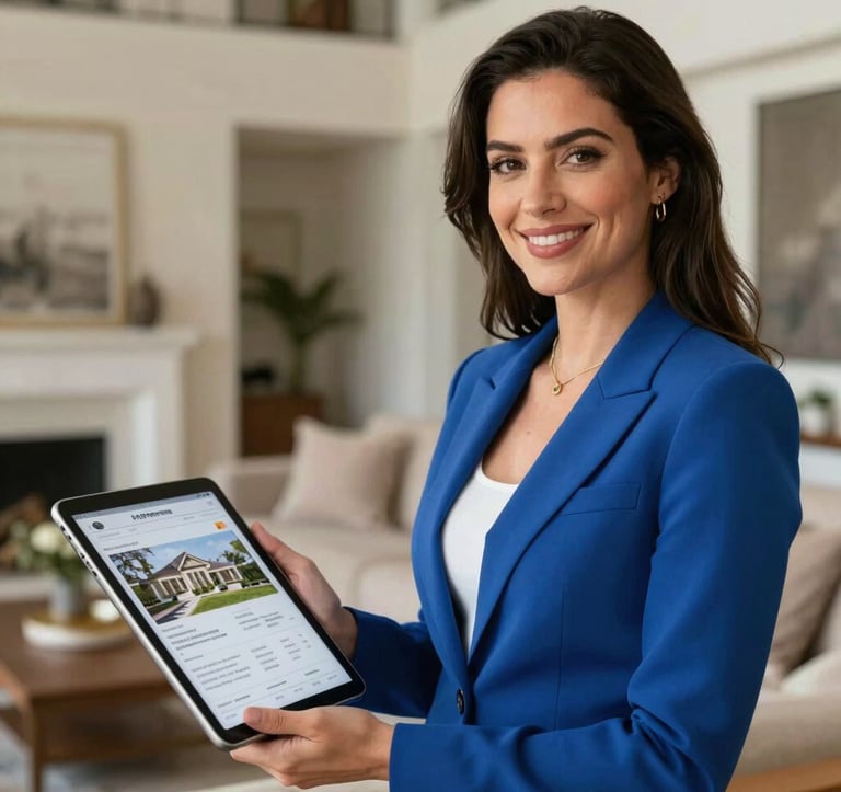 A professional photograph of a woman in a smart Steel Blue blazer, smiling warmly in a sophisticated North American / Southern US interior setting. She is holding a tablet showing a property listing, with a blurred background of a modern, airy living room.