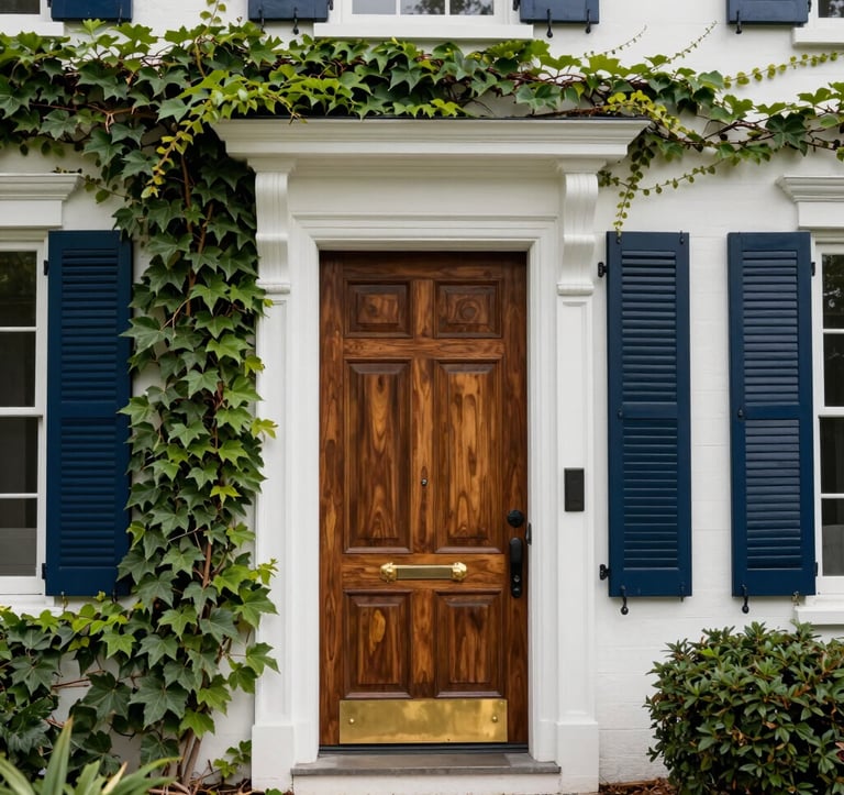 An architectural detail shot of a historic North American / Southern US estate's entrance, featuring a heavy mahogany door and polished brass fixtures. The walls are a crisp Cloudy Off-White, accented by Deep Navy Blue shutters and lush green ivy.