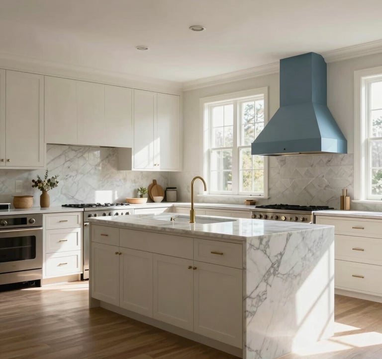 A bright, airy interior of a high-end North American / Southern US home featuring an open-concept kitchen with Cloudy Off-White cabinetry and a large marble island. Soft natural light pours in from tall windows, highlighting Soft Steel Blue decor accents.