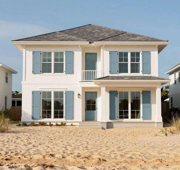 A bright, airy photograph of a luxury beachfront home in the North American / Southern US. The architecture is modern with traditional influences, featuring large glass windows and muted steel blue shutters. The Atlantic coastline and golden sand are visible in the background under clear light.