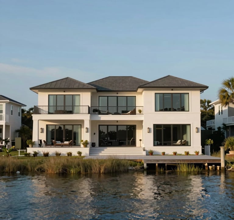 A luxurious waterfront property in a North American / Southern US coastal town, featuring expansive wrap-around decks and large windows reflecting a Muted Slate Blue sky. The architecture is sophisticated and modern, set against a backdrop of soft seagrass and Soft Steel Blue water.