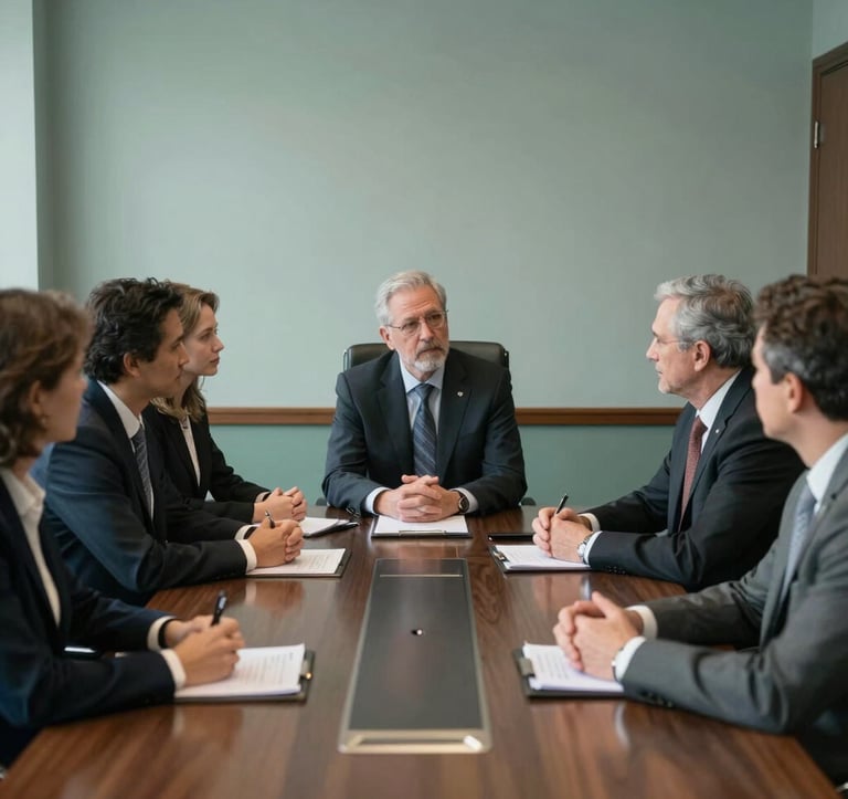 A group of professional leaders in a North American / US boardroom, engaged in a disciplined and thoughtful discussion. The room is designed with Muted Emerald and Soft Mist accents, projecting gravitas and responsibility.