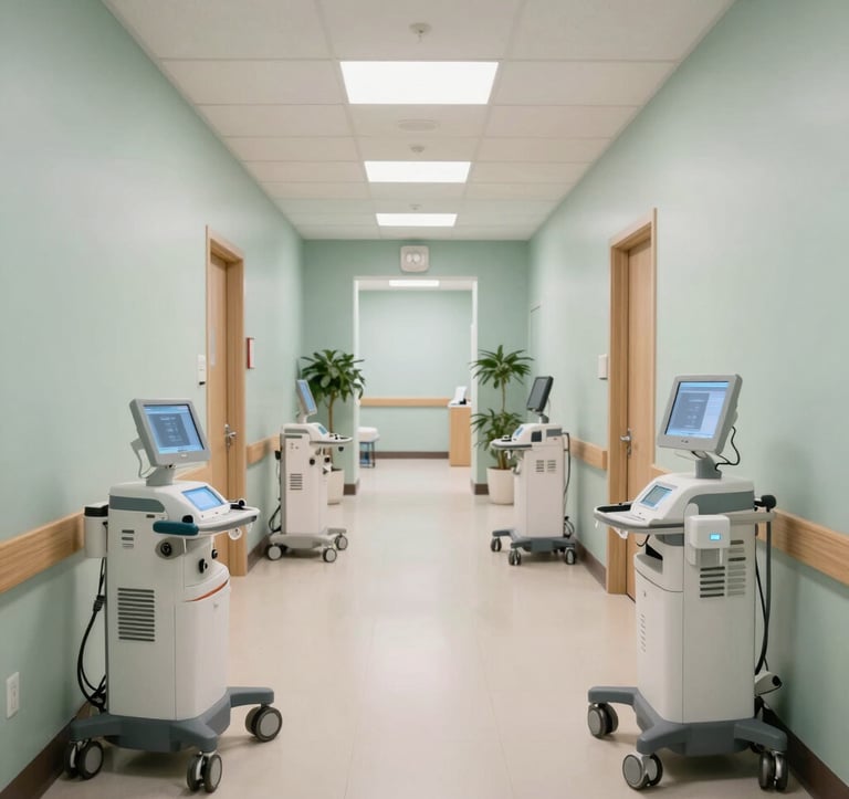 A serene and modern North American / US healthcare center interior, showing a quiet corridor with high-end medical equipment. The lighting is bright and clean, incorporating Soft Mist and Dusty Sage colors.