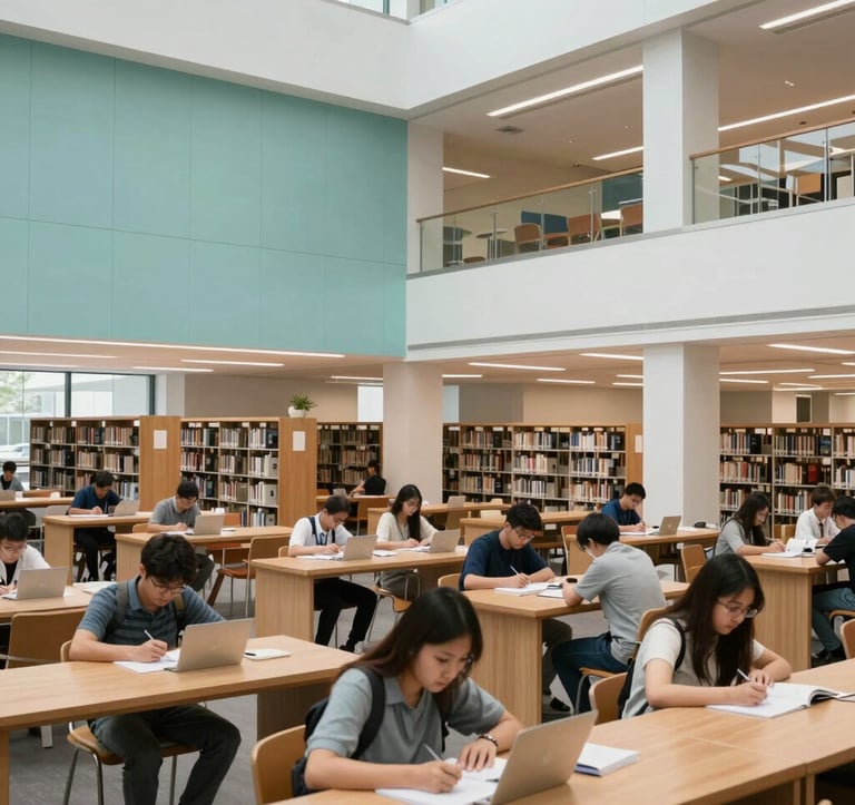 A bright, modern North American / US university library interior. Students are studying in a disciplined environment. The lighting is crisp, and the interior accents include muted turquoise and pale mint white. The scene reflects intellectual advancement and order.