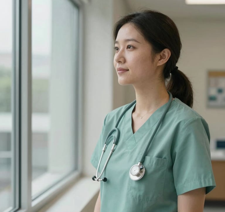 A healthcare provider in a professional North American / US clinic, looking out of a window with a steady, compassionate gaze. The environment is orderly and clean, featuring muted sage and soft pearl colors.