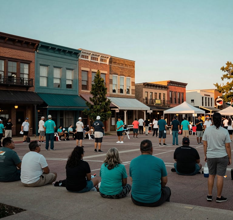 A public square in a North American / US town where citizens are gathered for a community event. The scene is orderly and inspiring, with architectural details in Deep Forest Teal and a soft, warm late-afternoon glow.
